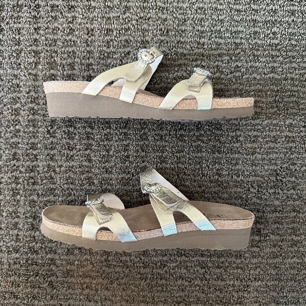 Naot Kate Slide Sandal in Radiant Gold with Rhinestone Buckles / Size 39 (US 8)